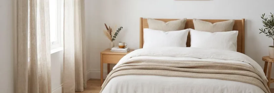 Chambre lumineuse avec parure de lit en coton blanc et beige au tissage serré, ambiance épurée et confort visible