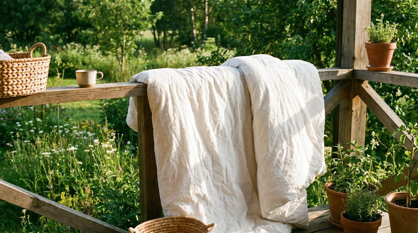 Couette en duvet blanc étendue à l'air libre sur une terrasse ensoleillée pour séchag