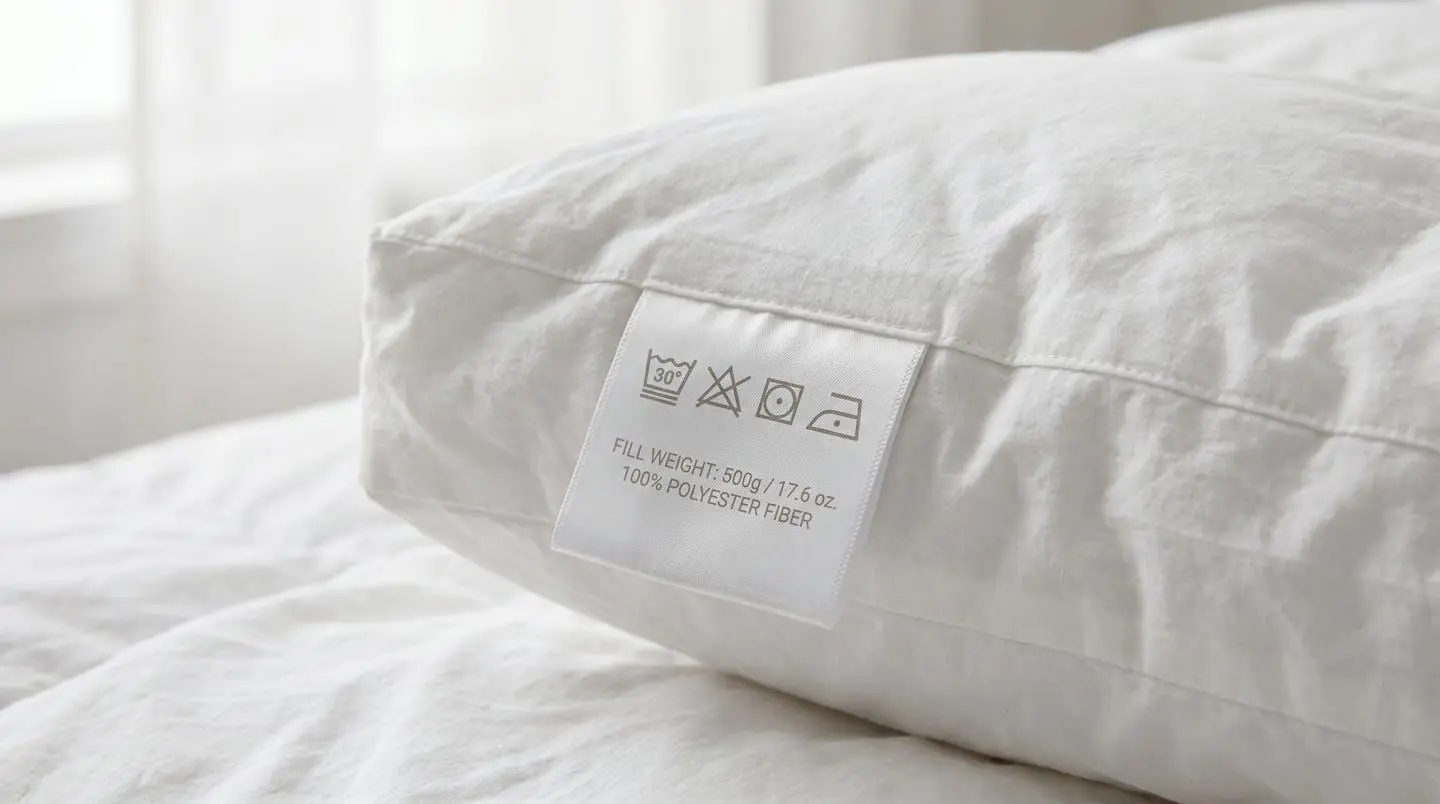 Gros plan sur l'étiquette d'entretien d'une couette en duvet mentionnant le grammage et les températures de lavage