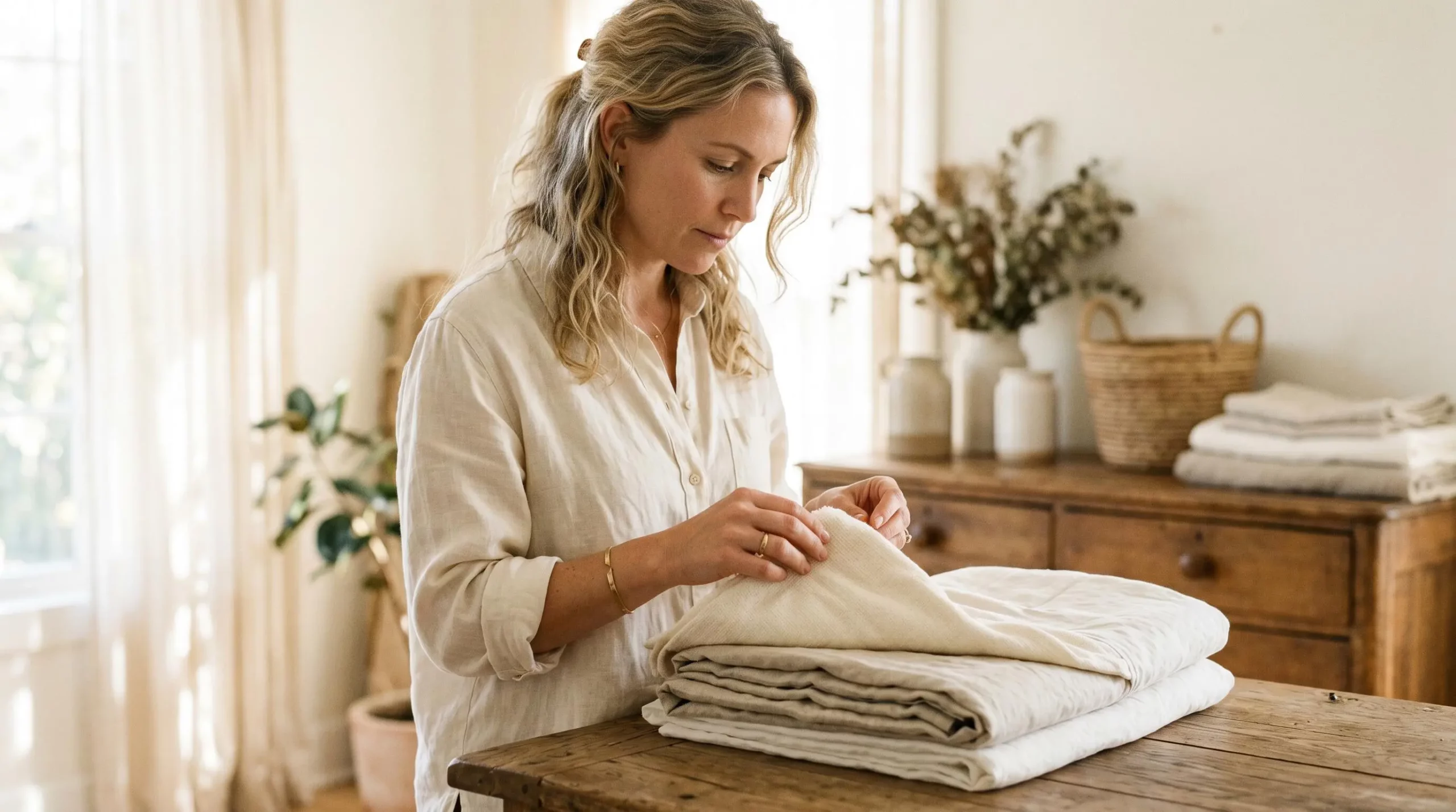 Femme examinant attentivement une housse de couette en coton dans un cadre lumineux, tissu déplié pour évaluer la texture